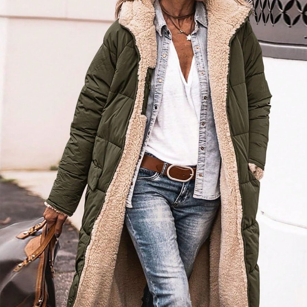Army Green Casual Women's Oversize fleeced lined Long Coat Jacket